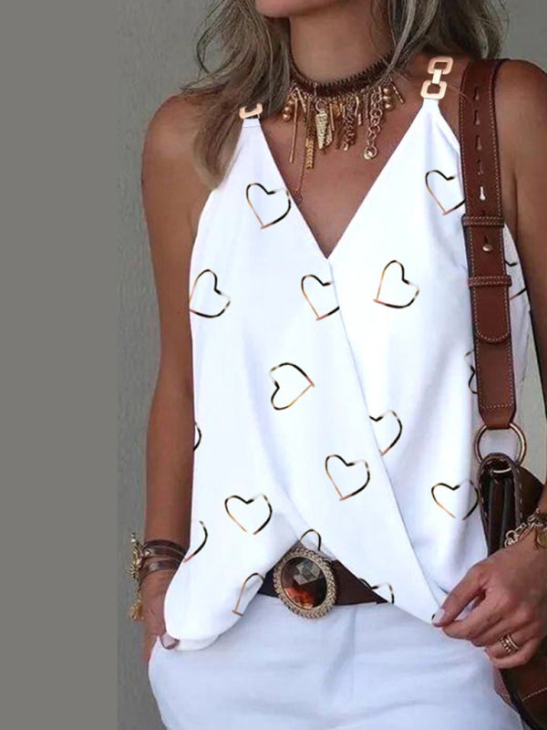 Lyanna Simple V-Neck Metal Buckle Printed Vest Top Women