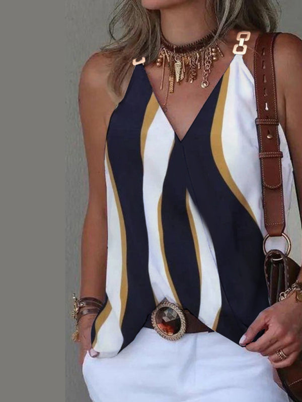 Lyanna Simple V-Neck Metal Buckle Printed Vest Top Women