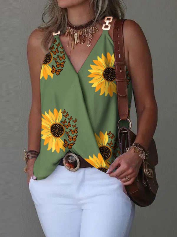 Lyanna Simple V-Neck Metal Buckle Printed Vest Top Women