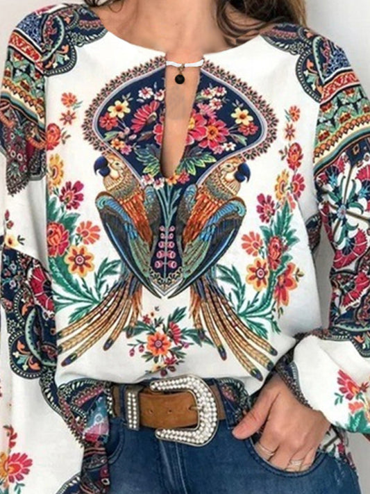 Lucasta Digital Printing Round Neck Balloon Sleeve Shirt Blouse