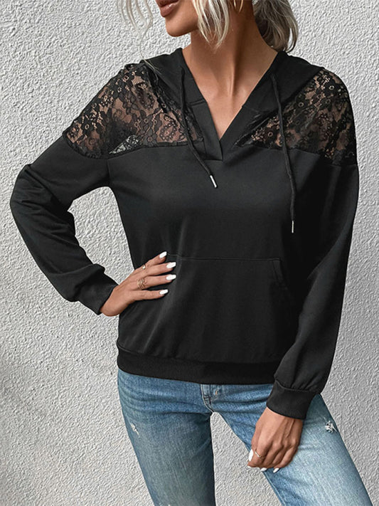 Quinn New Long-Sleeved Black Lace Stitching Women's Hooded Sweater