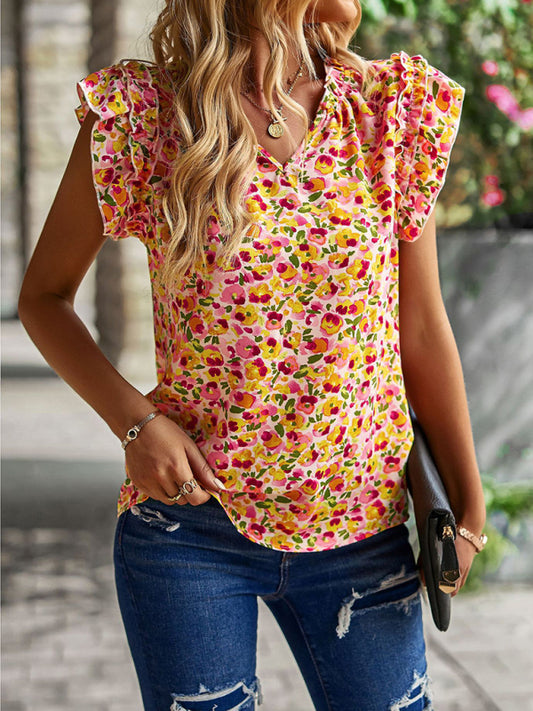 Luella V-Neck Ruffled Floral Temperament Top
