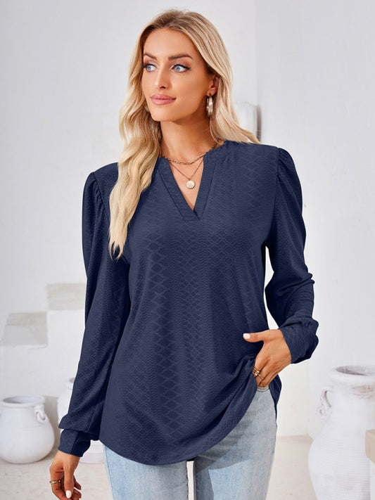 Nathalia V Neck Jacquard Long Sleeve Loose T-Shirt Top Ladies