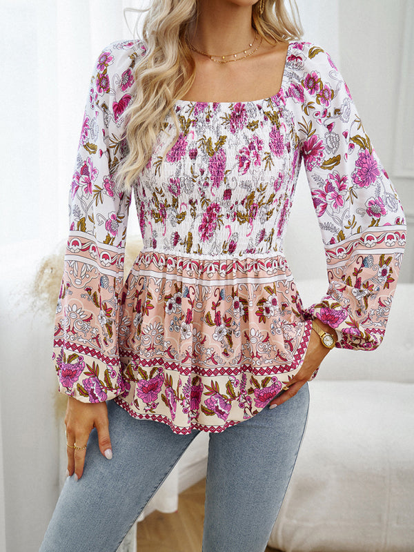 Narelle New Women's Floral Square Neck Long Sleeve Top