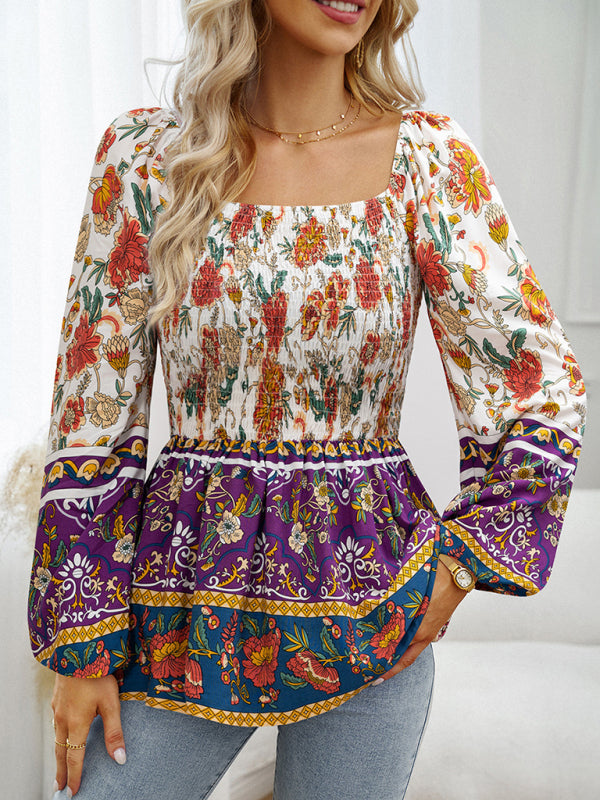 Narelle New Women's Floral Square Neck Long Sleeve Top