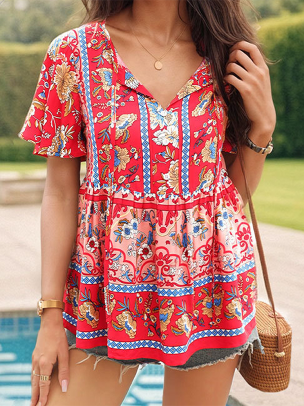 Cerella Bohemian Printed Ethnic Style Women's Temperament Shirt Women Blouse