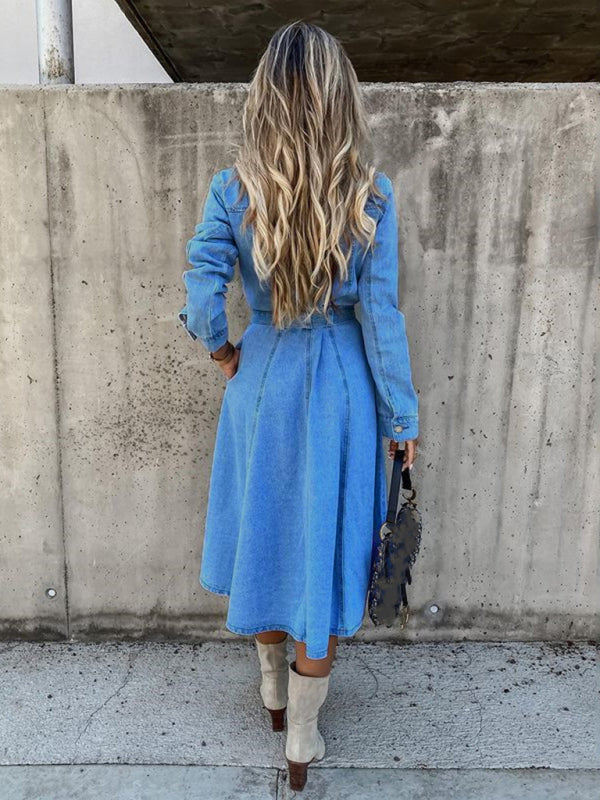 Sydney Denim Casual High Waist Pocket Lapel Dress