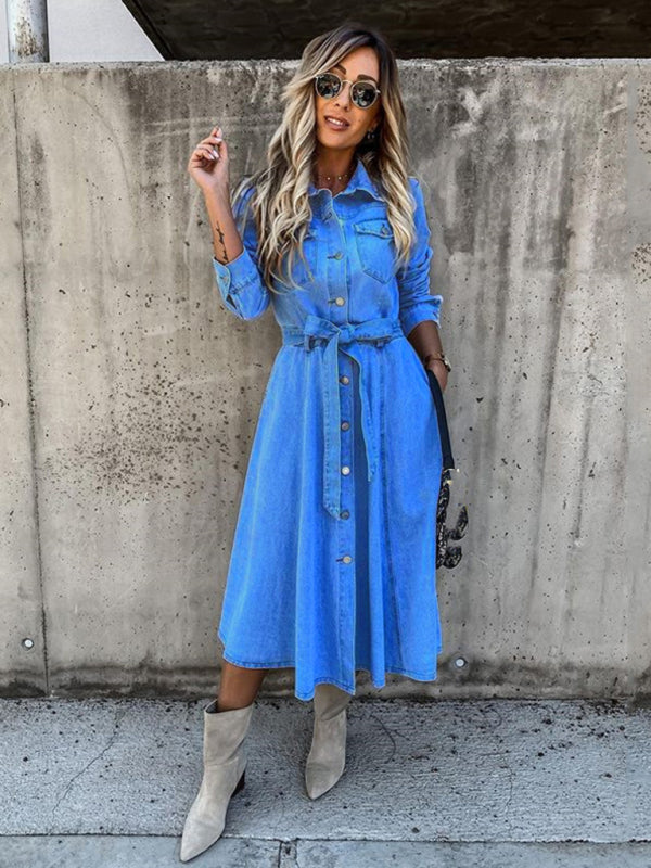 Sydney Denim Casual High Waist Pocket Lapel Dress