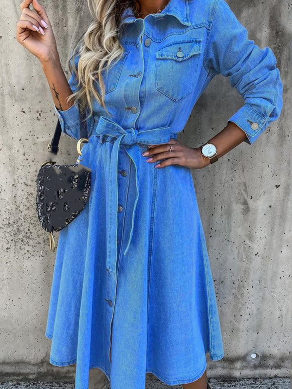 Sydney Denim Casual High Waist Pocket Lapel Dress