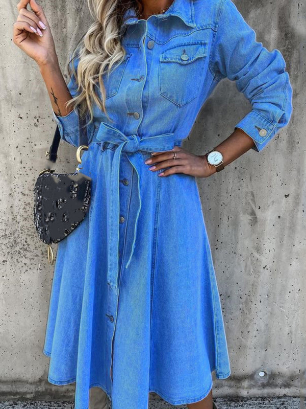 Sydney Denim Casual High Waist Pocket Lapel Dress