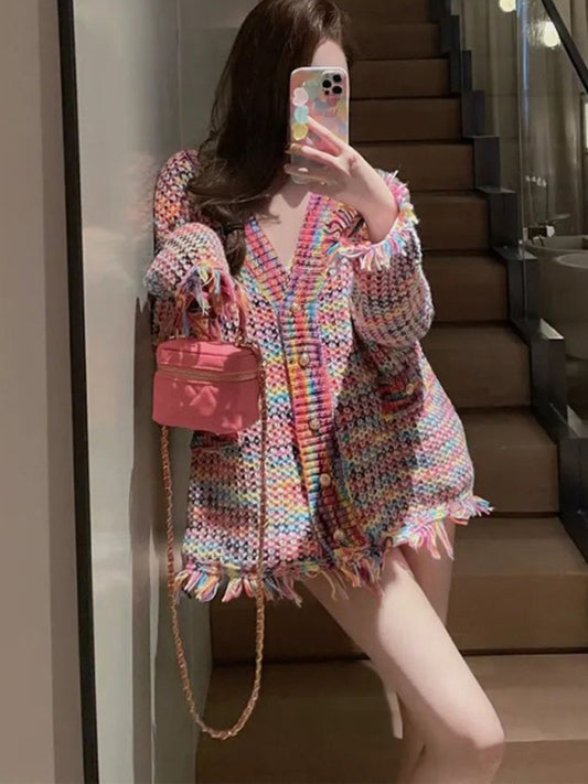 Eden Lazy Knit Cardigan Over Fringed Sweater Jacket