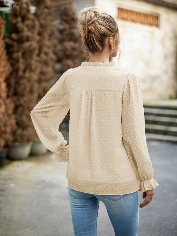 Elisa New Woman Fashion Elegant V-neck knotted Long-sleeved Top Blouse
