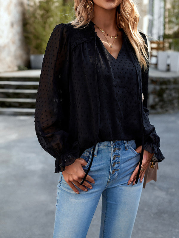 Elisa New Woman Fashion Elegant V-neck knotted Long-sleeved Top Blouse
