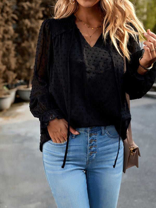 Elisa New Woman Fashion Elegant V-neck knotted Long-sleeved Top Blouse