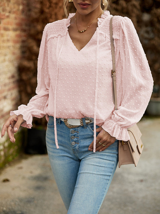 Elisa New Woman Fashion Elegant V-neck knotted Long-sleeved Top Blouse