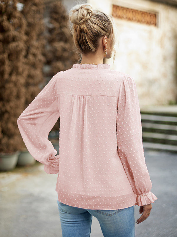 Elisa New Woman Fashion Elegant V-neck knotted Long-sleeved Top Blouse