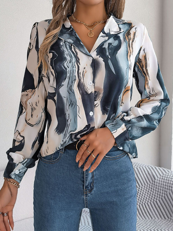 Vespera New Women's Casual Color Contrast Striped Suit Collar Long-Sleeved Shirt