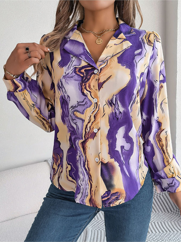 Vespera New Women's Casual Color Contrast Striped Suit Collar Long-Sleeved Shirt