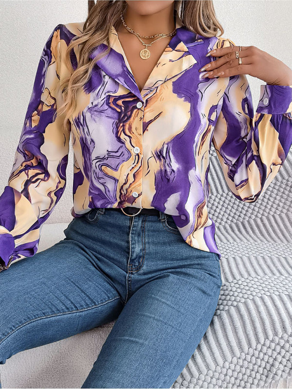 Vespera New Women's Casual Color Contrast Striped Suit Collar Long-Sleeved Shirt