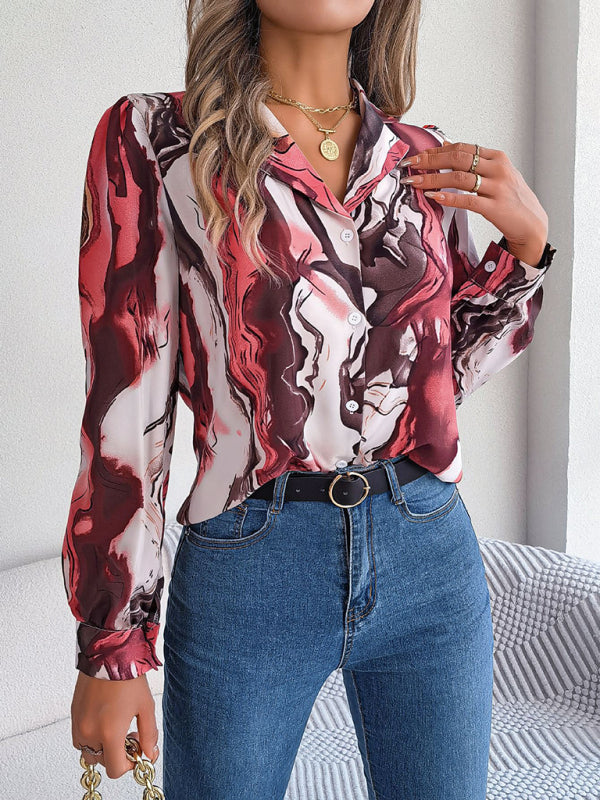 Vespera New Women's Casual Color Contrast Striped Suit Collar Long-Sleeved Shirt