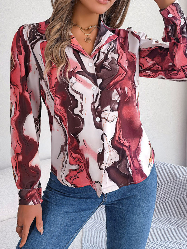 Vespera New Women's Casual Color Contrast Striped Suit Collar Long-Sleeved Shirt