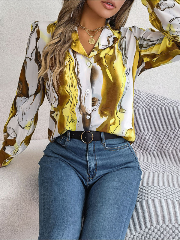 Vespera New Women's Casual Color Contrast Striped Suit Collar Long-Sleeved Shirt