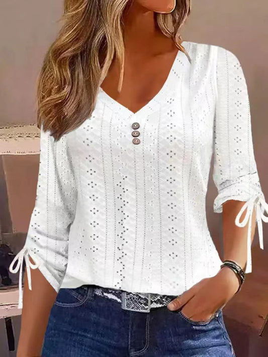 Cindy New Women's New Solid Color Jacquard Button Long Sleeve T-Shirt Top
