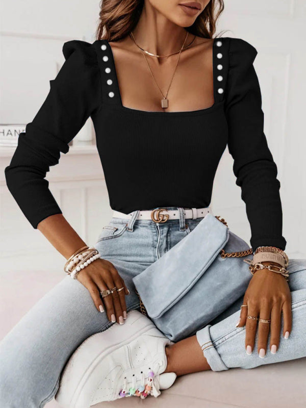 Rowan New Women's Solid Color Beaded Long-Sleeved Pit Strip Top