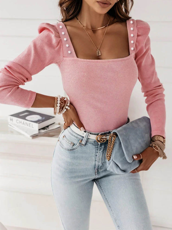 Rowan New Women's Solid Color Beaded Long-Sleeved Pit Strip Top
