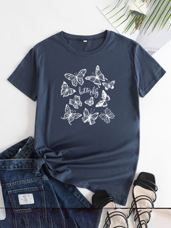 Bronwyn Women's Butterfly Print Round Neck Short Sleeve T-Shirt
