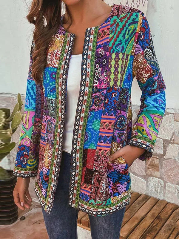 Mckenna Casual Retro Cotton And Linen Printed Loose Long-Sleeved Cardigan Jacket