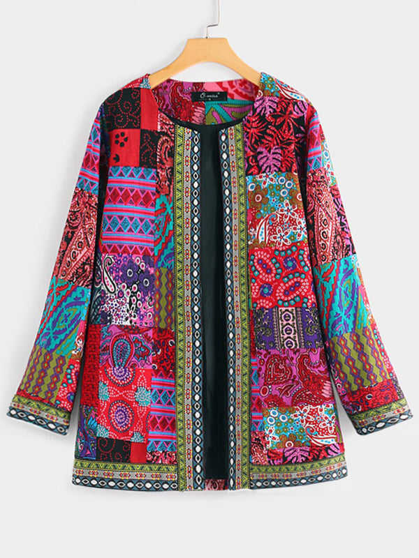 Mckenna Casual Retro Cotton And Linen Printed Loose Long-Sleeved Cardigan Jacket