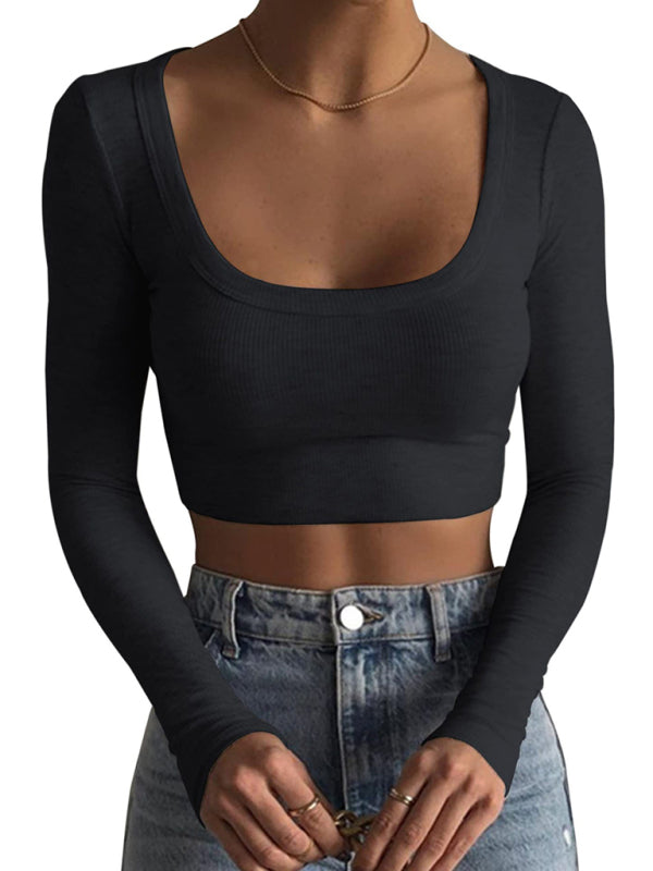 Sarai New Women's Large Round Neck Long-sleeved Ultra-short Slim T-shirt Top