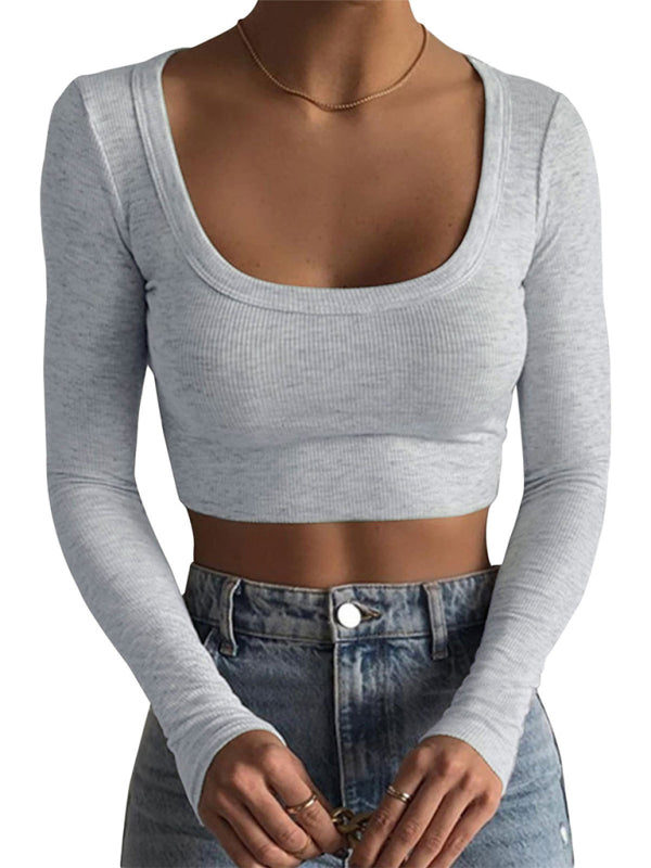 Sarai New Women's Large Round Neck Long-sleeved Ultra-short Slim T-shirt Top