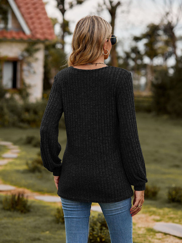 Mila Round Neck Ribbed Brushed Solid Color Buttoned Long-Sleeved T-Shirt