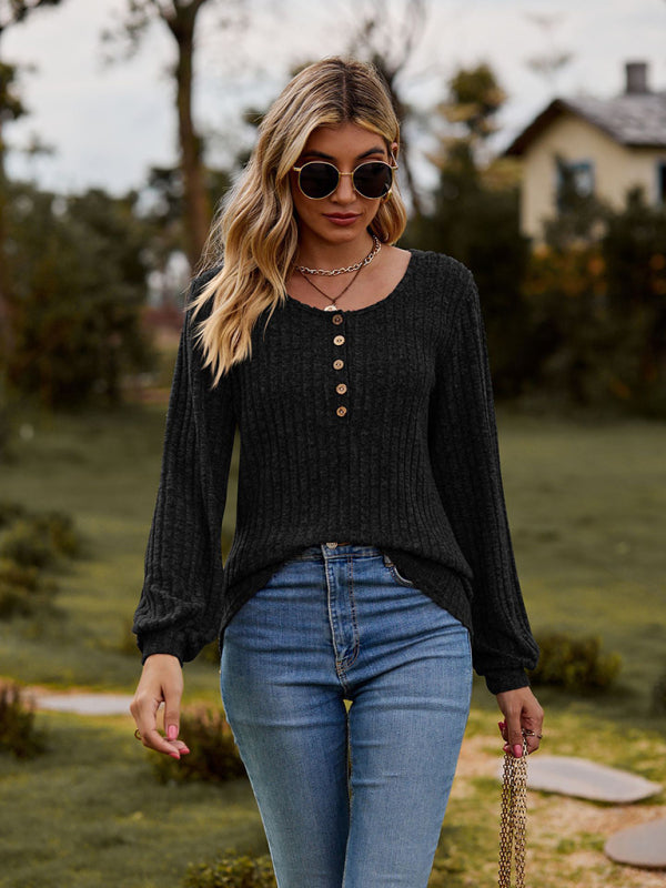 Mila Round Neck Ribbed Brushed Solid Color Buttoned Long-Sleeved T-Shirt