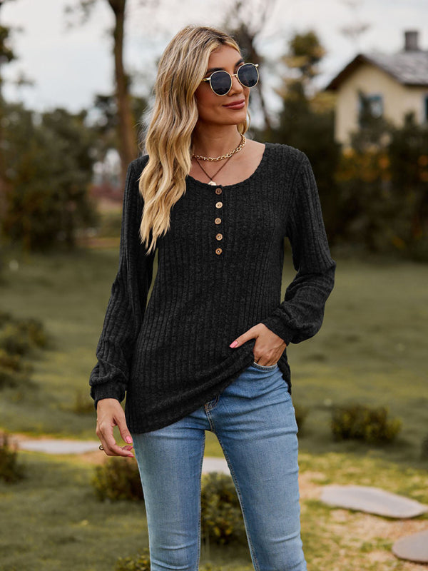 Mila Round Neck Ribbed Brushed Solid Color Buttoned Long-Sleeved T-Shirt