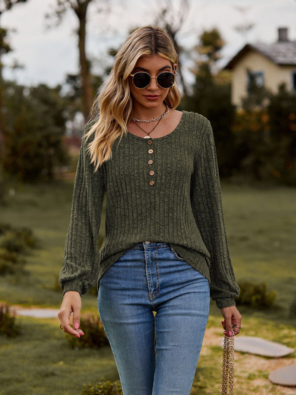 Mila Round Neck Ribbed Brushed Solid Color Buttoned Long-Sleeved T-Shirt