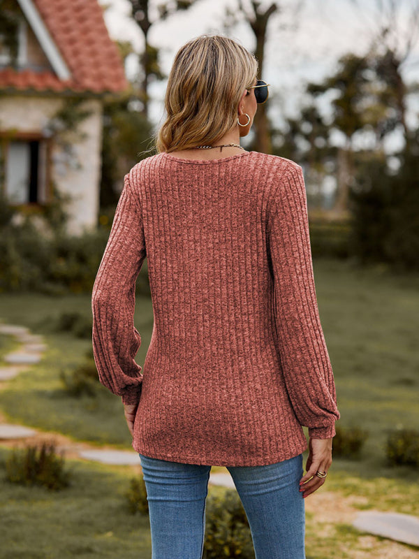 Mila Round Neck Ribbed Brushed Solid Color Buttoned Long-Sleeved T-Shirt