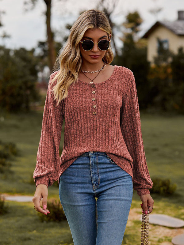 Mila Round Neck Ribbed Brushed Solid Color Buttoned Long-Sleeved T-Shirt