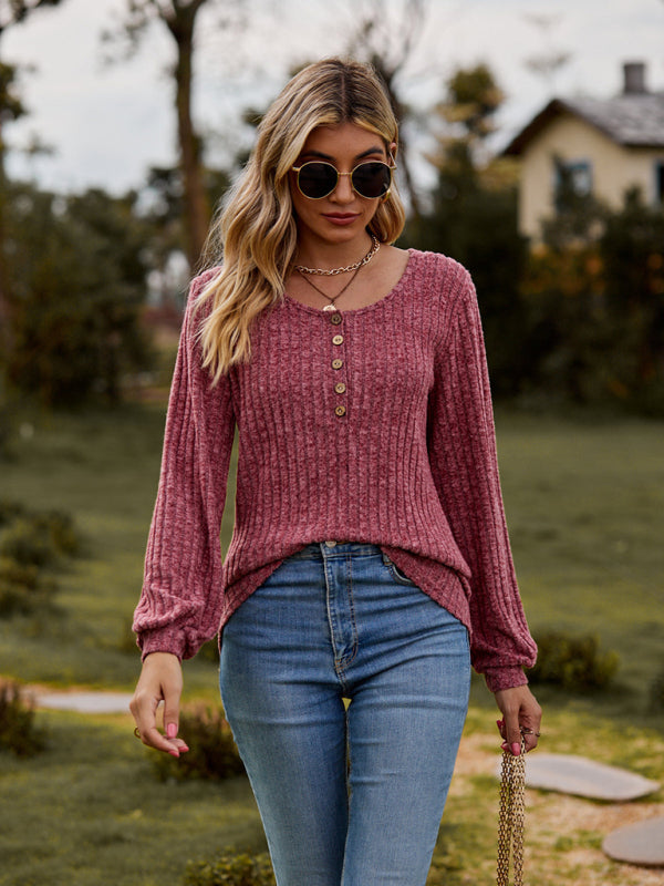 Mila Round Neck Ribbed Brushed Solid Color Buttoned Long-Sleeved T-Shirt