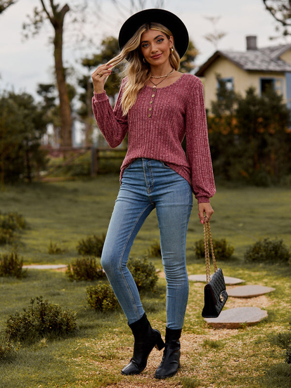 Mila Round Neck Ribbed Brushed Solid Color Buttoned Long-Sleeved T-Shirt