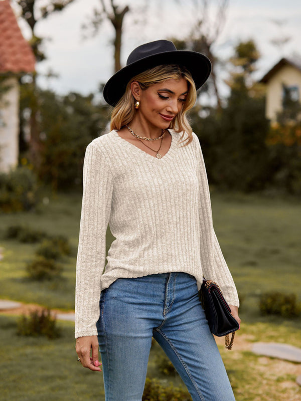 Audra V-Neck Brushed Pit Top Long-Sleeved T-Shirt