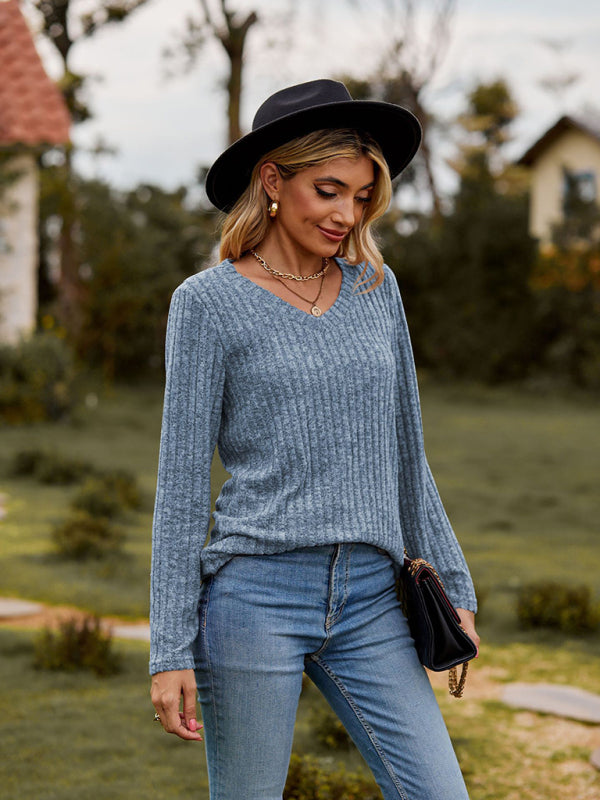 Audra V-Neck Brushed Pit Top Long-Sleeved T-Shirt
