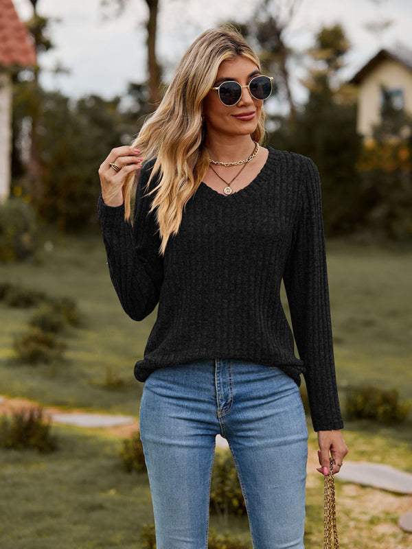Audra V-Neck Brushed Pit Top Long-Sleeved T-Shirt