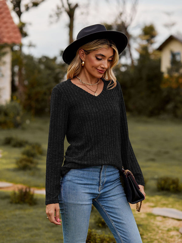 Audra V-Neck Brushed Pit Top Long-Sleeved T-Shirt
