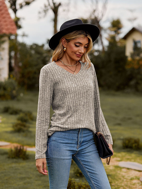 Audra V-Neck Brushed Pit Top Long-Sleeved T-Shirt