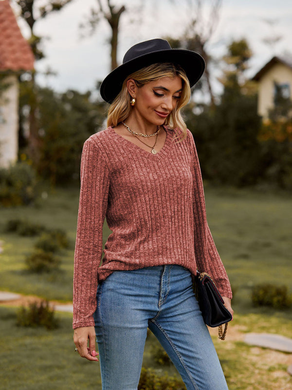 Audra V-Neck Brushed Pit Top Long-Sleeved T-Shirt