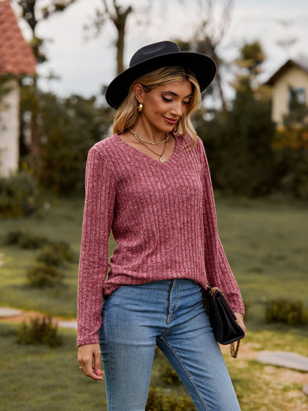 Audra V-Neck Brushed Pit Top Long-Sleeved T-Shirt