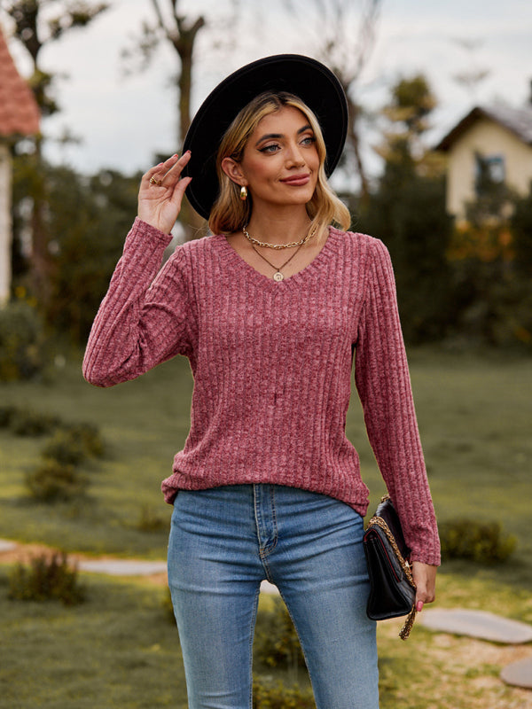 Audra V-Neck Brushed Pit Top Long-Sleeved T-Shirt